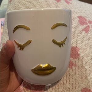 Small White planter with Gold Face Design